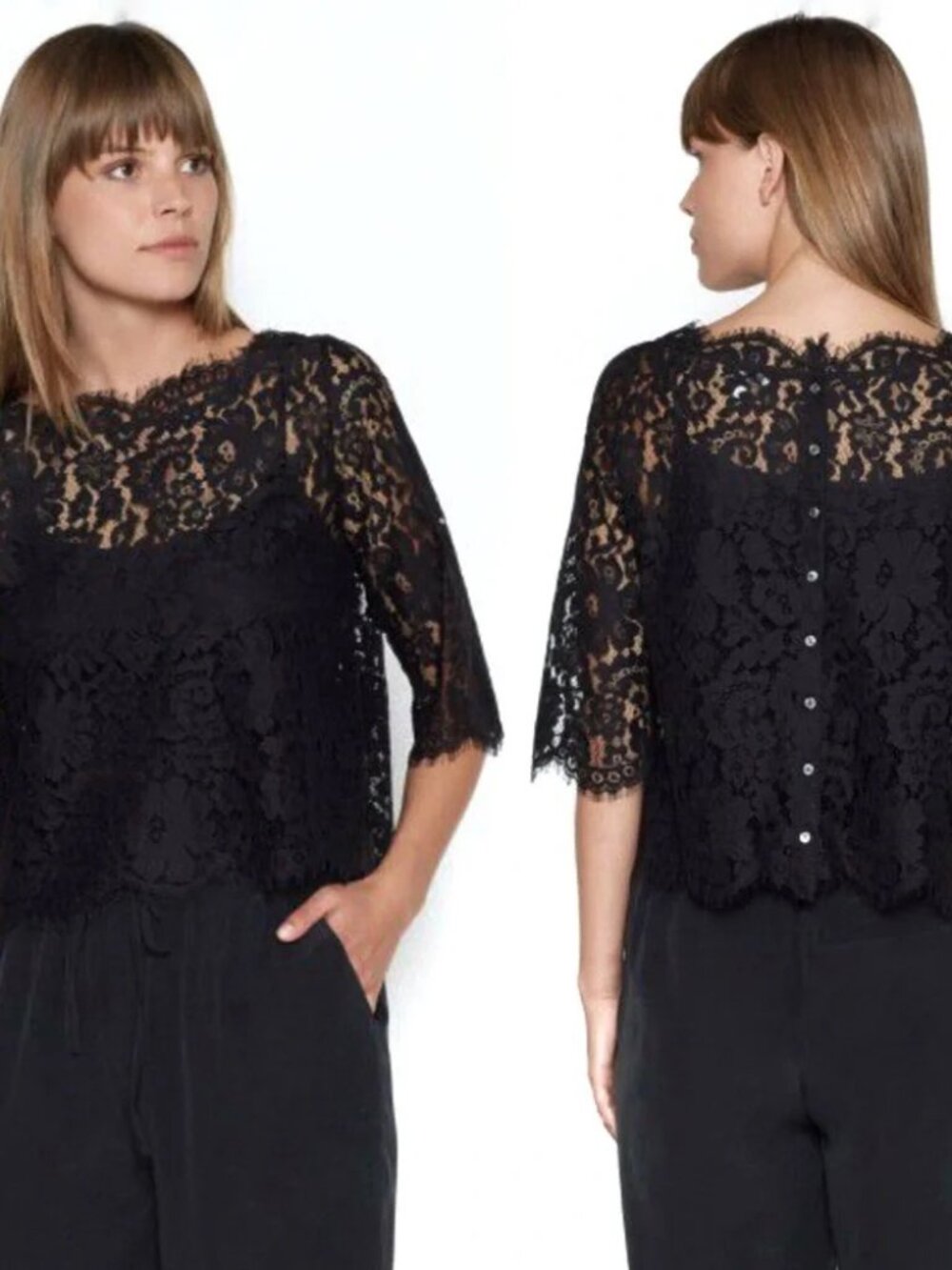 JOIE Elvia Scalloped Lace Top in Black Sz M